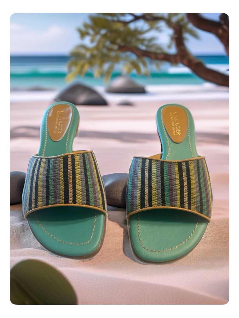 Villager A Liz Claiborne CompanyTeal Slide Sandals with Multicolor Striped Upper